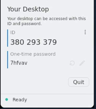 The rustdesk interface with the id and password shown